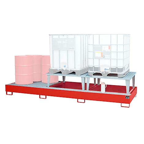 Red spill containment for barrels and tanks, with barrels and tanks against a white background.