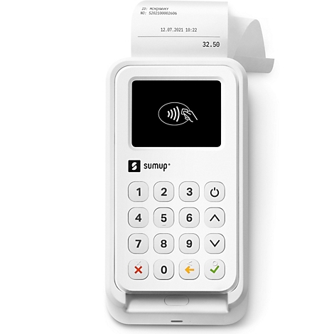 Un terminal de paiement par carte SumUp blanc avec un écran et un clavier, imprimant un reçu avec un montant de 32,50 euros.
