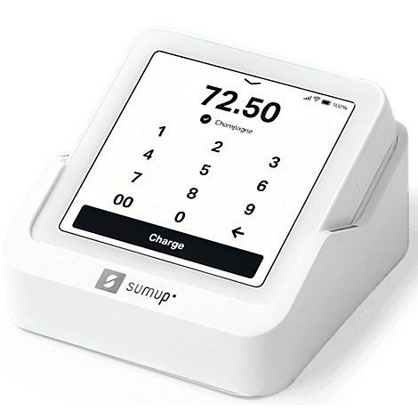Weißes SumUp-Kartenterminal mit Display. Auf dem Display sind eine Eingabe, der Betrag von 72,50 Euro und die Option "Charge" abgebildet.