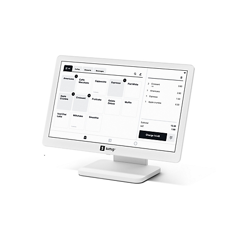 Système de point de vente SumUp blanc avec un écran tactile affichant une sélection de menus de boissons et de pâtisseries. Le total de la commande est de 14,40.