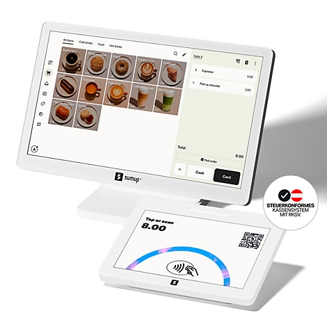 SumUp Kassensystem mit Touchscreen-Monitor und angeschlossenem Kartenlesegerät vor weißem Hintergrund.