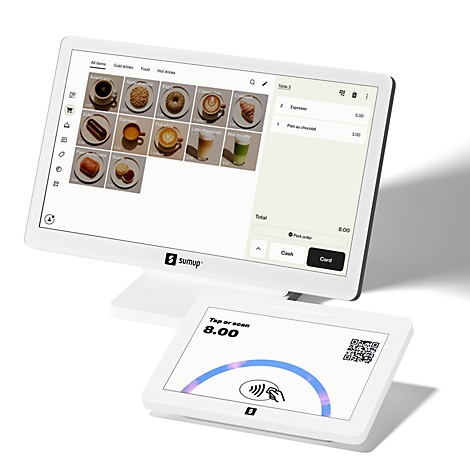 SumUp Kassensystem mit Touchscreen-Display und Kunden-Bezahlterminal auf weißem Hintergrund.