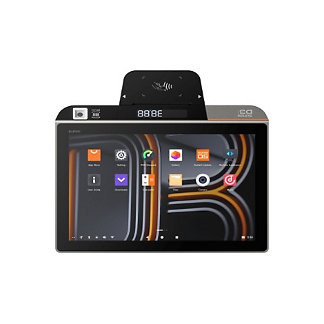 Ein Point-of-Sale-Gerät mit großem Bildschirm. Auf dem Bildschirm sind verschiedene App-Icons zu sehen, oben eine Anzeige mit der Aufschrift 88.8E.