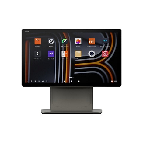 Ein Touchscreen-Monitor mit App-Symbolen, auf einem grauen Ständer. Auf dem Bildschirm ist ein orangefarbenes R-Design zu sehen.