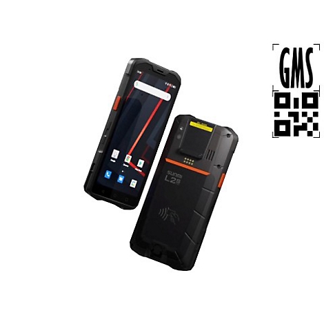 Zwei schwarze Smartphones mit orangefarbenen Akzenten. Auf dem Bildschirm eines Geräts ist die Startseite zu sehen. Daneben ein QR-Code.