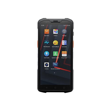 Robustes Smartphone mit Apps, Anzeige von Uhrzeit und Akkuladung. Schwarzes Gehäuse mit roten Akzenten und Menüsymbolen.