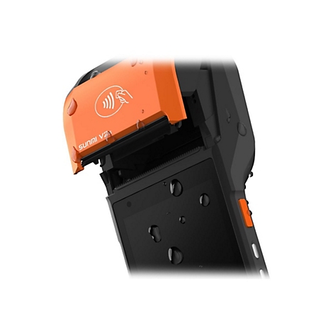 Nahaufnahme eines schwarzen und orangen Kartenlesegeräts mit Wassertropfen. Das Gerät hat einen Bildschirm und ein NFC-Symbol.