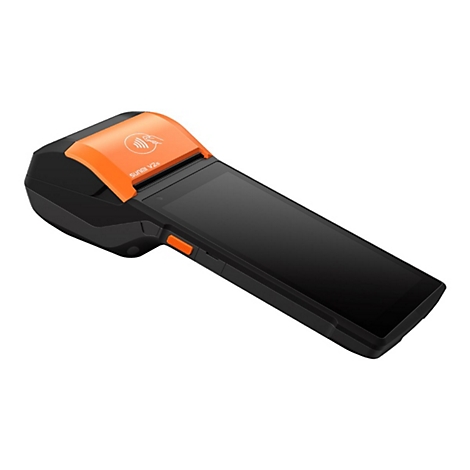 Schwarzes, orangefarbenes POS-Terminal, ein Bildschirm, ein Logo, ein Knopf.