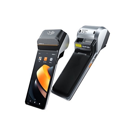 Zwei moderne Kartenlesegeräte mit Display, eines mit Bildschirmansicht und NFC-Symbol.