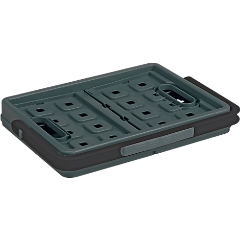 Collapsible green crate with handles and black frame.