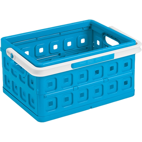 Light blue, collapsible storage box with white handle. It is empty and stands on a white background.