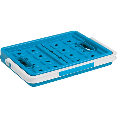 Blue, foldable storage box with white accents. It has handle openings and a textured surface.
