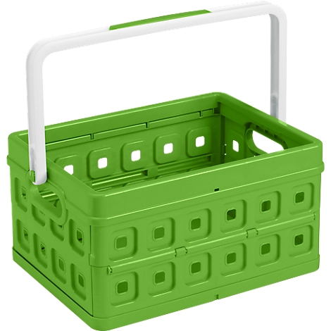 Green, foldable storage basket with a white handle.