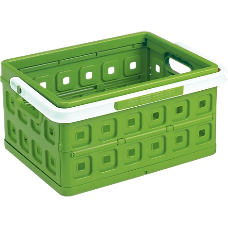 Green foldable storage box with white handle and decor. Rectangular shape with square cutouts.