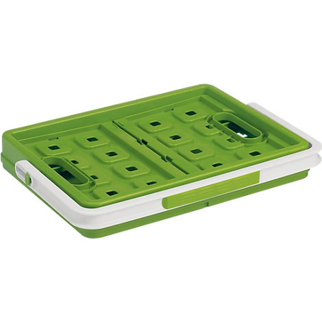 Green, foldable crate with white border. Handles are on the sides.