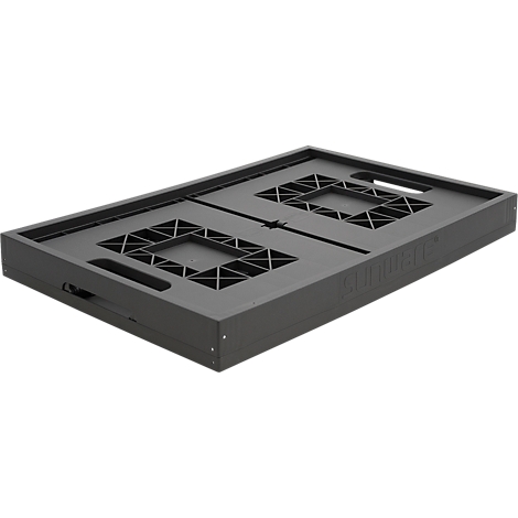Foldable, grey plastic box, half folded, with handles and patterns.