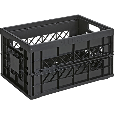 Black, foldable storage box with open sides. The text "Sunware" can be seen.
