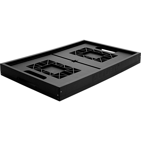 Black rectangular tray that folds open in the middle. Featuring square openings and handles.