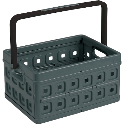 Graue, faltbare Einkaufskorb-Box mit schwarzem Griff, quadratischen Mustern und Öffnungen.