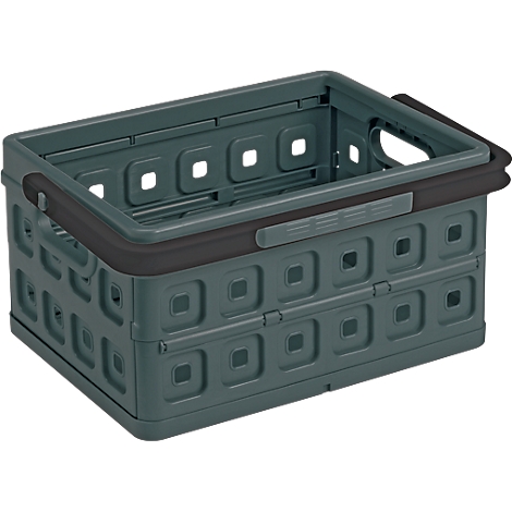 Graue, zusammenklappbare Aufbewahrungsbox mit quadratischen Öffnungen und schwarzen Griffen.