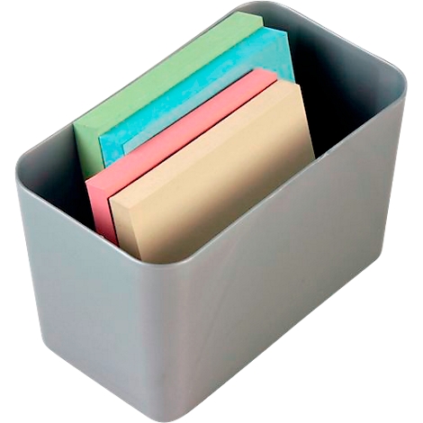 Contenedor gris lleno de notas adhesivas de colores.