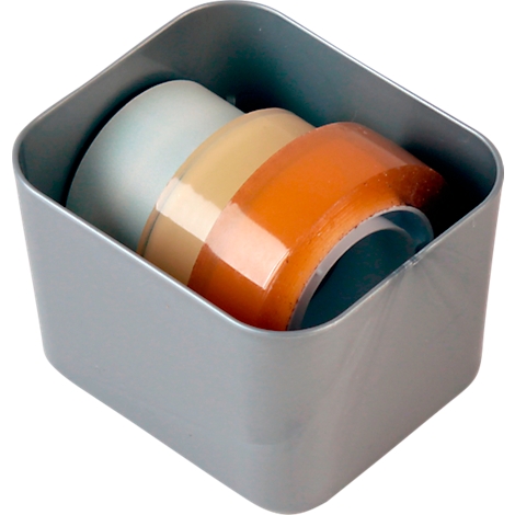 Grijze container met drie tapes in verschillende kleuren. Lichtblauw, beige en oranje.