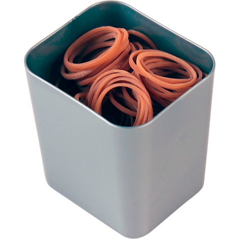 Een vierkante grijze container gevuld met oranje elastiekjes.