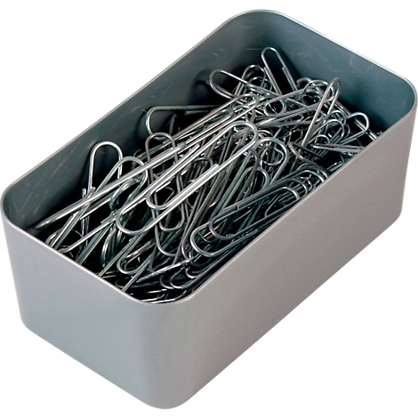 Grijze doos gevuld met paperclips.