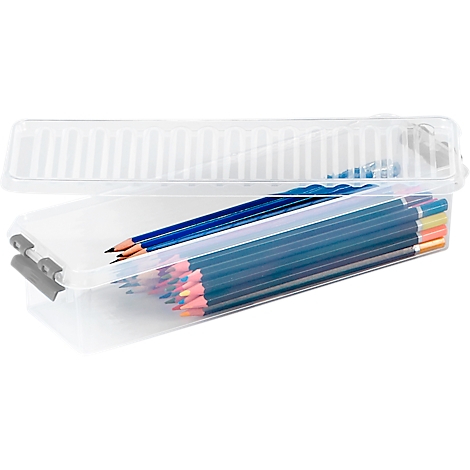 Transparent pencil box, partially open, filled with colored pencils. The lid has a ribbed structure.