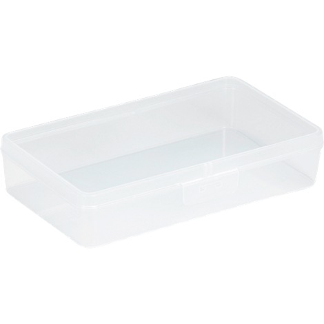 Transparent rectangular storage box with lid, made of plastic. The box is empty.