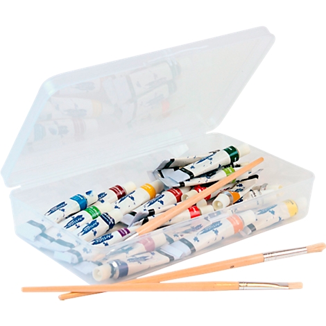A transparent plastic box with lid filled with paint tubes and two paint brushes.