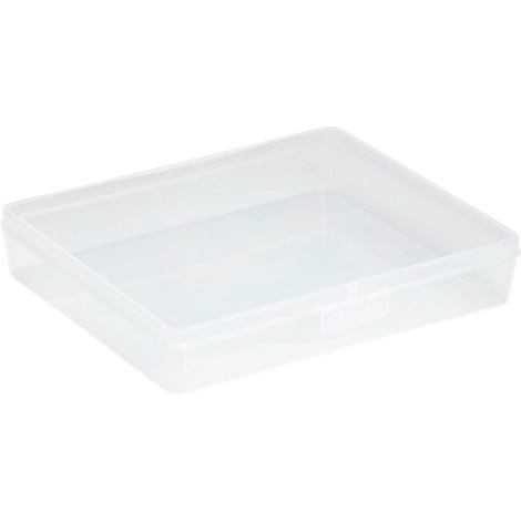 Clear plastic storage box, rectangular, with lid.