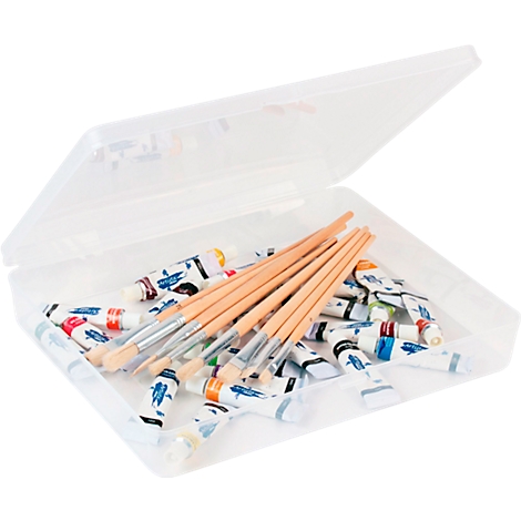 Open transparent box with paintbrushes and tubes of paint.