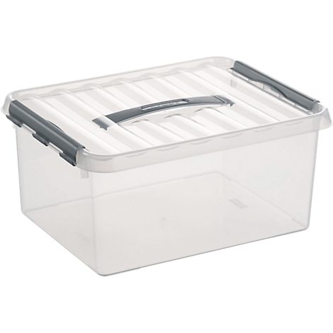 Transparent plastic box with lid and gray handles and closures.