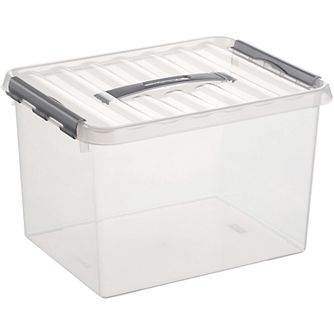 Transparent plastic storage box with lid and handle.