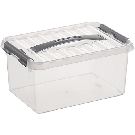 Clear plastic box with grey handles and lid.