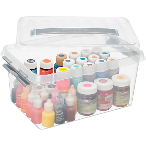 Transparent storage box with handle and clasp, filled with small paint bottles.
