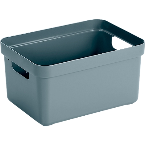 Gray plastic box with handle openings, empty.