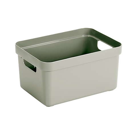 Grey storage box with handles, rectangular, on a white background.