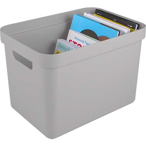 Gray storage box with handles, filled with books of different colors.