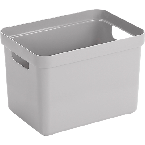 Gray plastic box with handle openings.