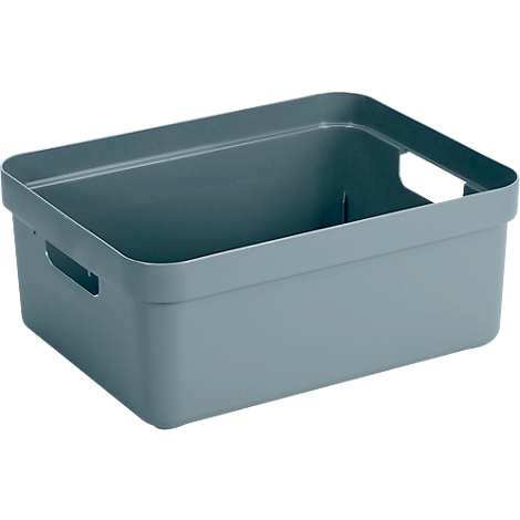 Gray storage box with handle openings. Rectangular shape, rounded corners.