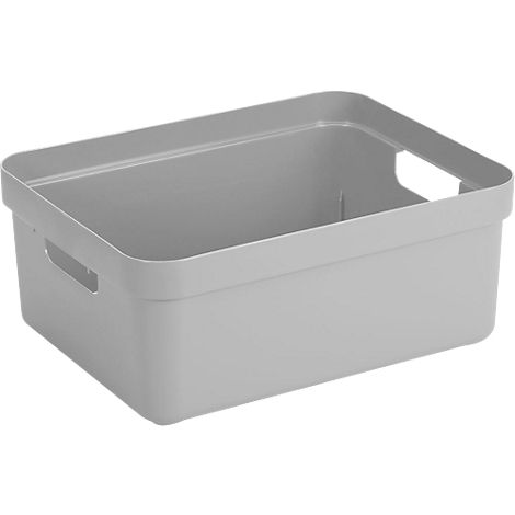 Grey rectangular storage box with handle openings on the sides.