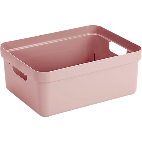 Light pink storage box with handle openings on the sides.