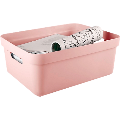 Pink storage box with handles, filled with paper and a rolled scroll.