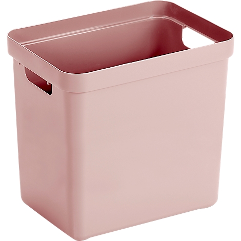 A pink plastic storage box with handle openings. It is set against a white background.