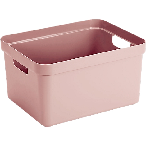 Pink plastic storage box with handle openings on the sides.