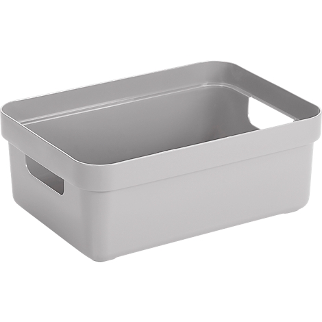 Gray storage box with handle openings. Rectangular shape.