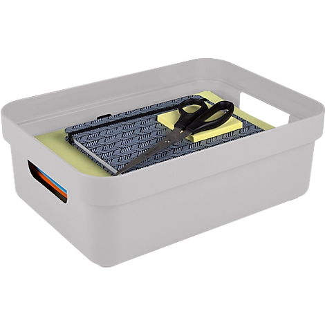 Grey storage box with scissors, notebook and sticky notes.