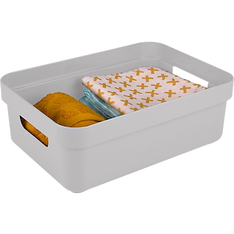 Grey storage box containing yellow towels and patterned cloths. The box has side handle cutouts.